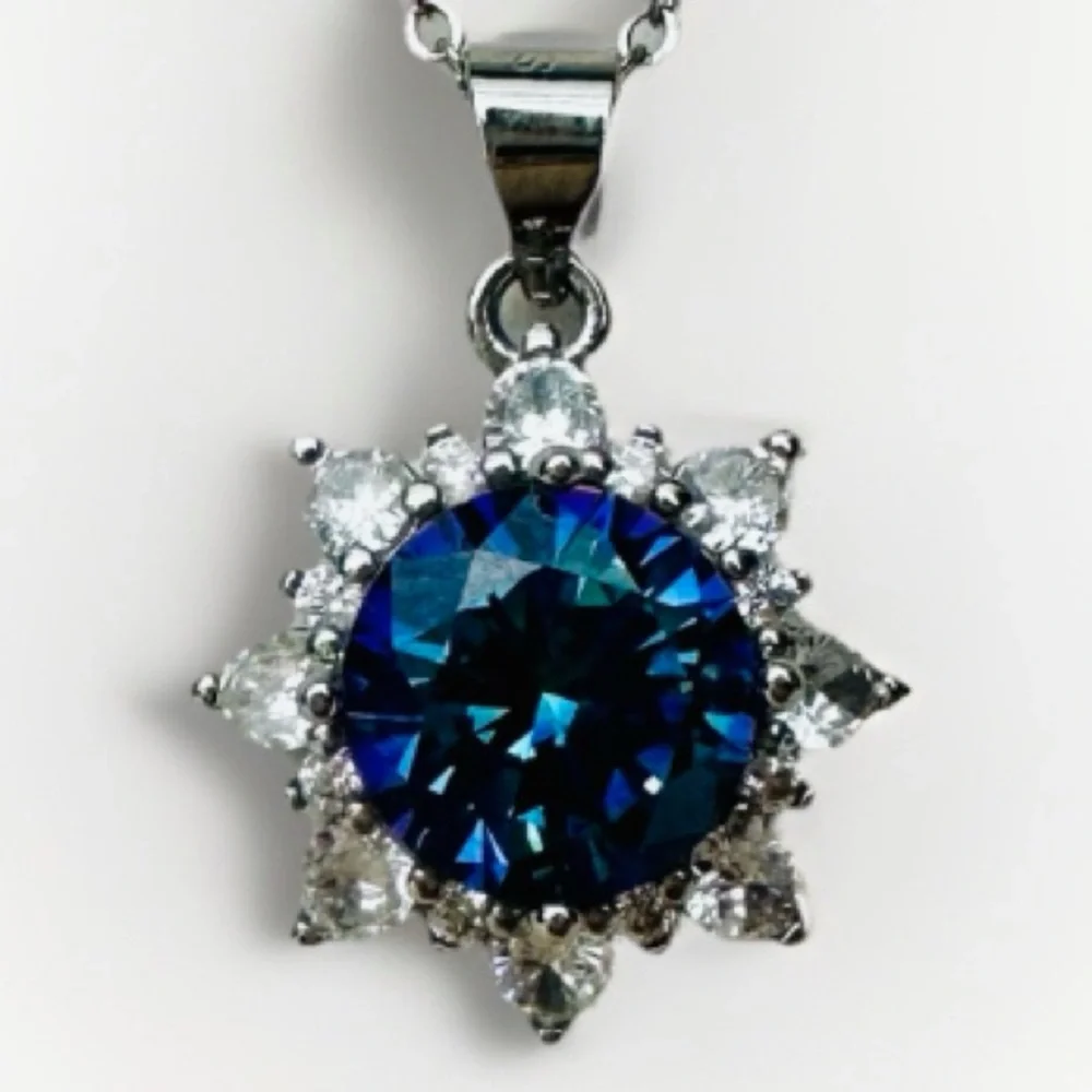 Crystal & Sterling Halo Glittering Starburst Pendant w Adjustable 925 17” Chain